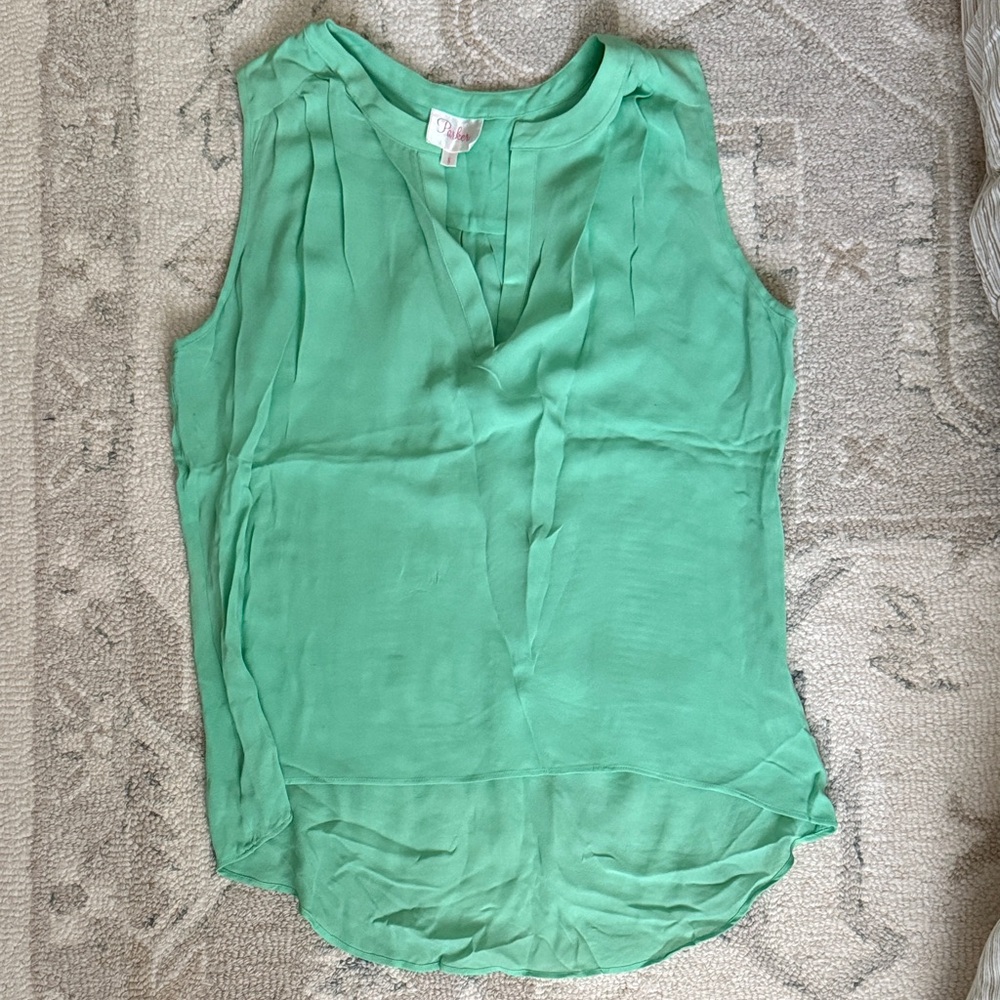 100% Silk Parker Mint Green Sleeveless Pleated V-Neck Camisole